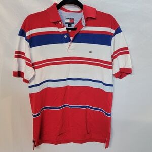 Tommy Hilfiger Men's Red White and Blue Striped Polo Shirt 100% Cotton